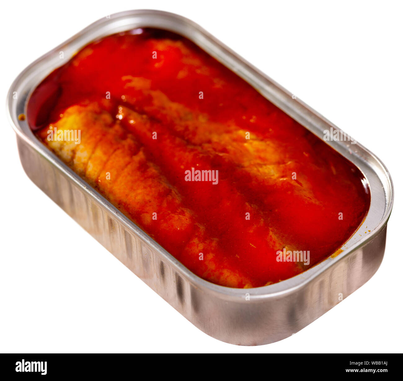 Canned sea fish, mackerel fillets in tomato. Isolated over white