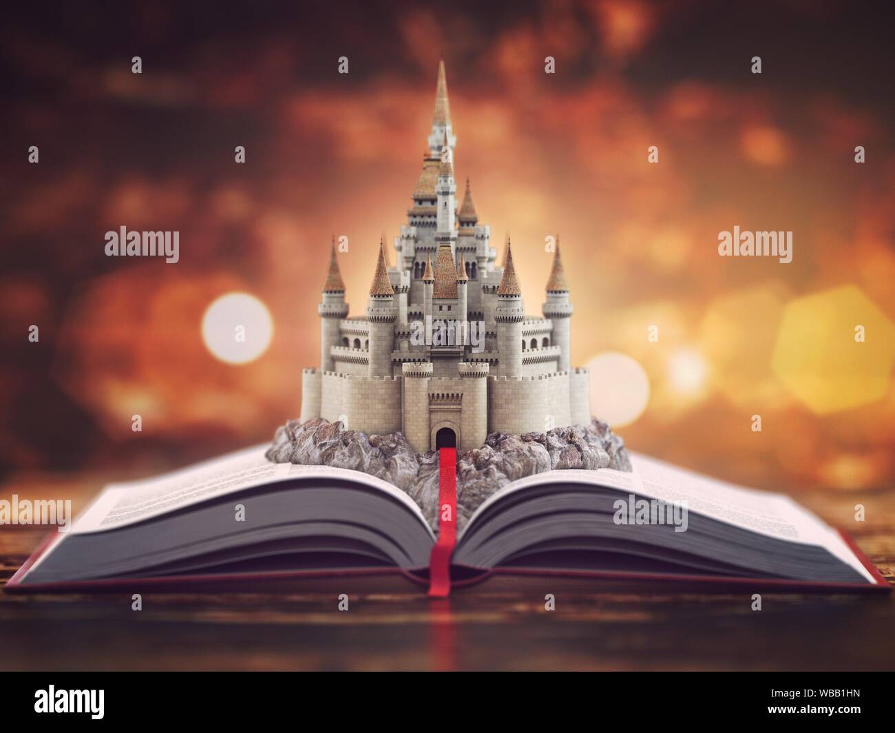 Open story book with fairy tale castle. 3d illustration. Stock Photo
