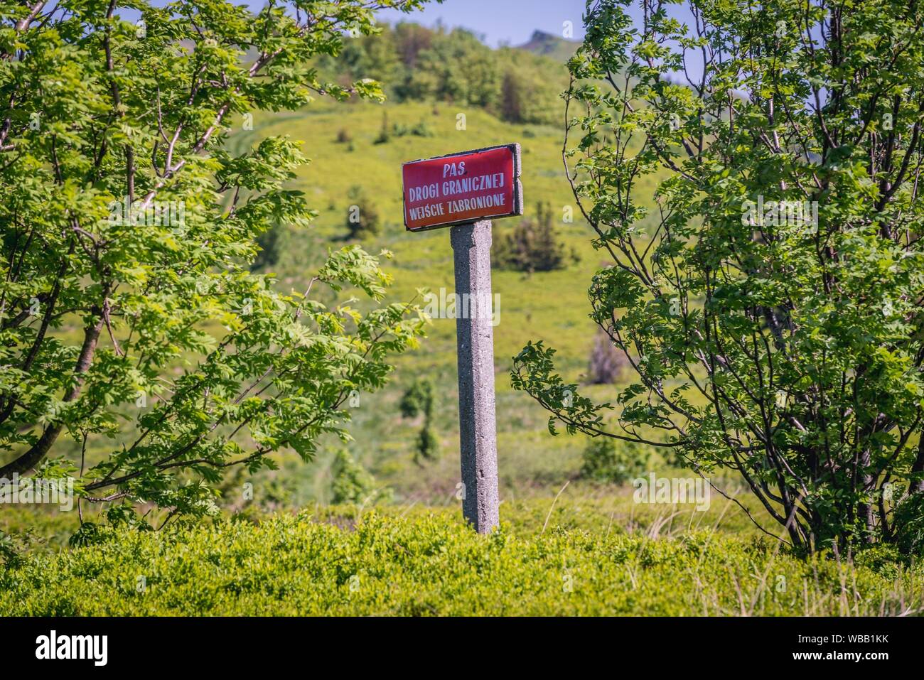 Border zone entry is prohibited sign on PolishUkraine border on