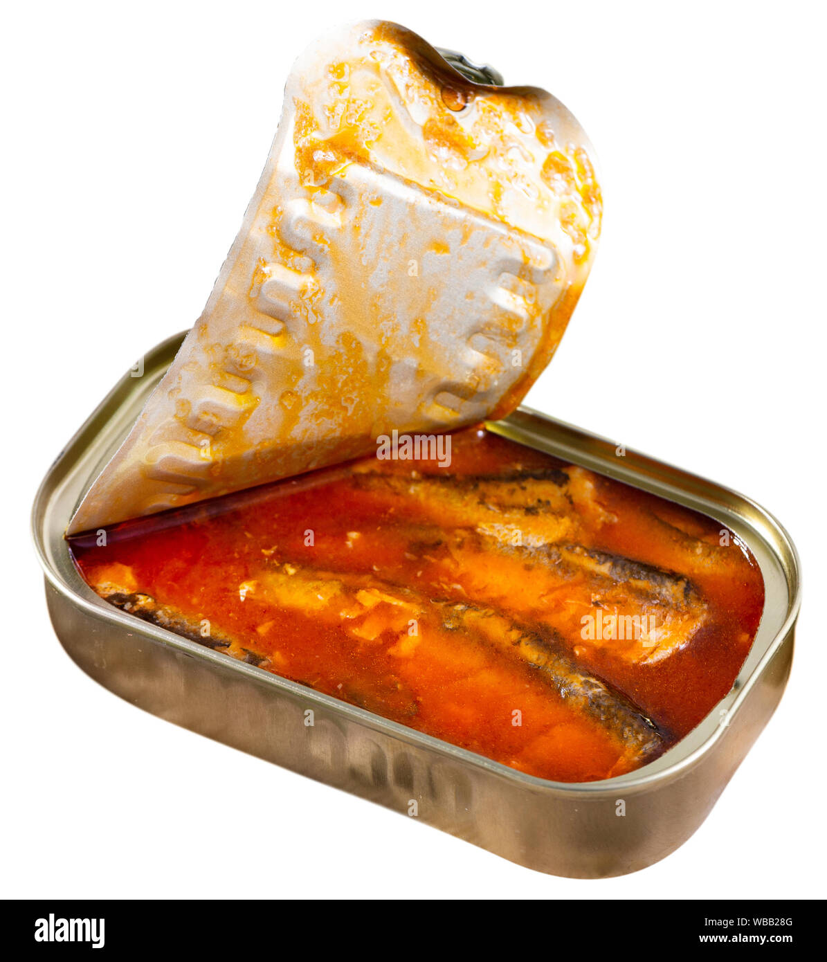 Image of pickled sardines in tomato sauce in open tin can, nobody