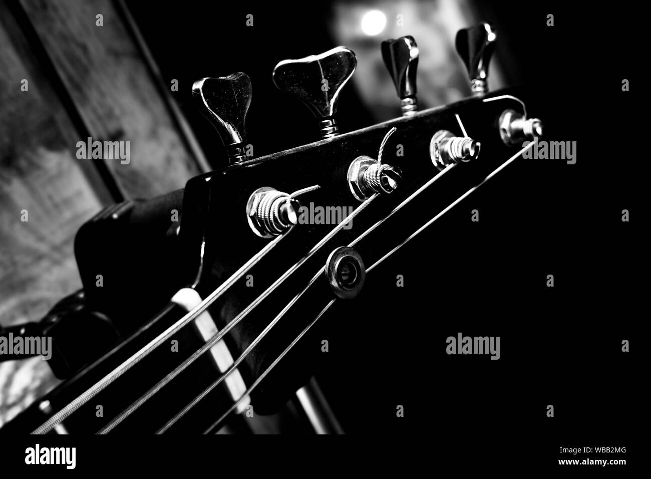 Bass Guitar In Music Studio. Musical Instruments and Equipment Stock