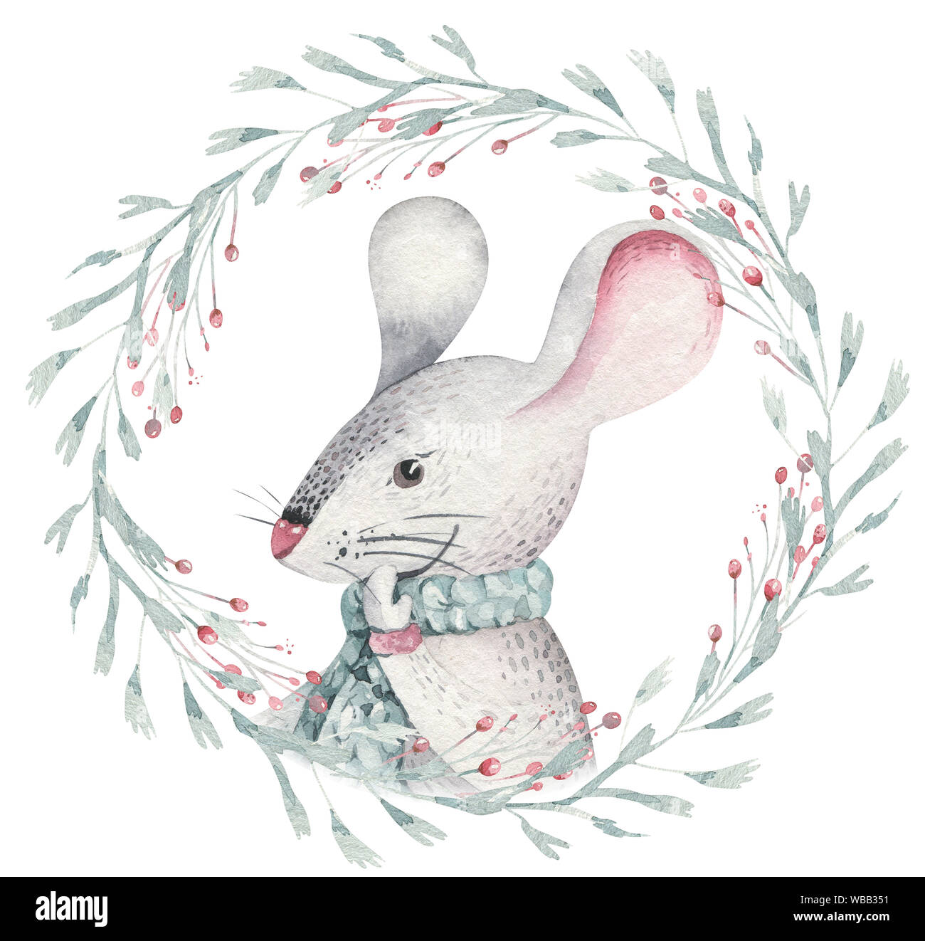 Watercolor mouse or rat illustration in a red scarf with nice winter new  year wreath. Cute