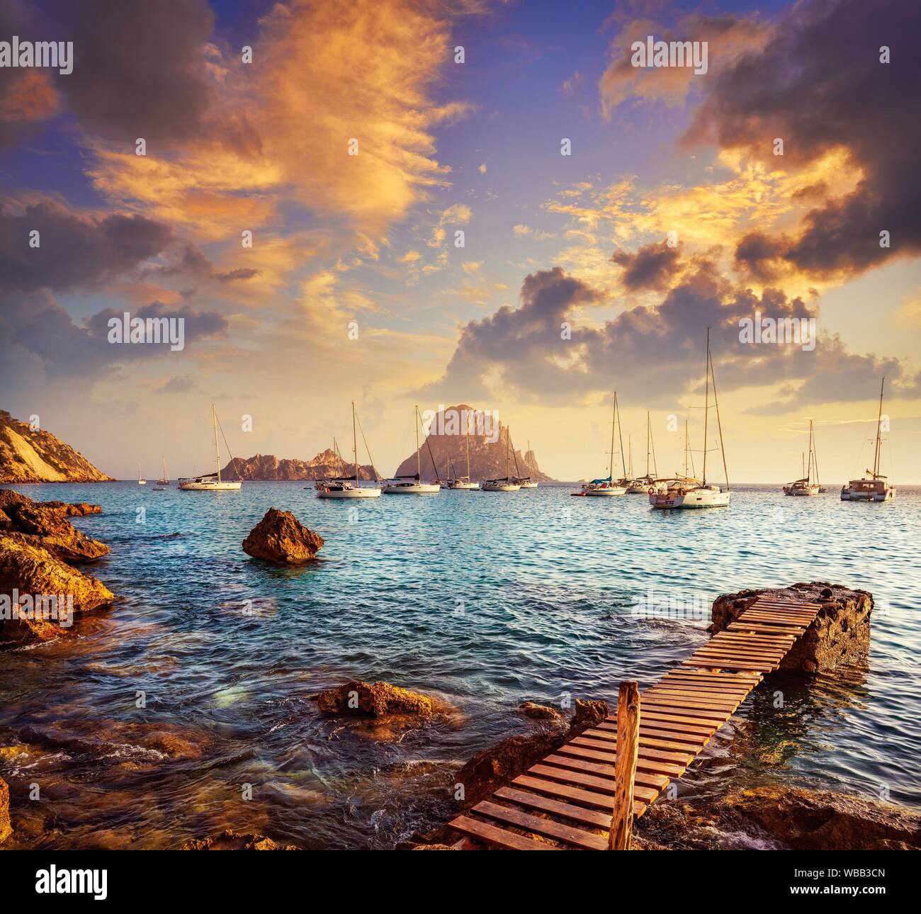 Ibiza cala d Hort with Es Vedra islet sunset in Sant Josep of Balearic Islands. Stock Photo