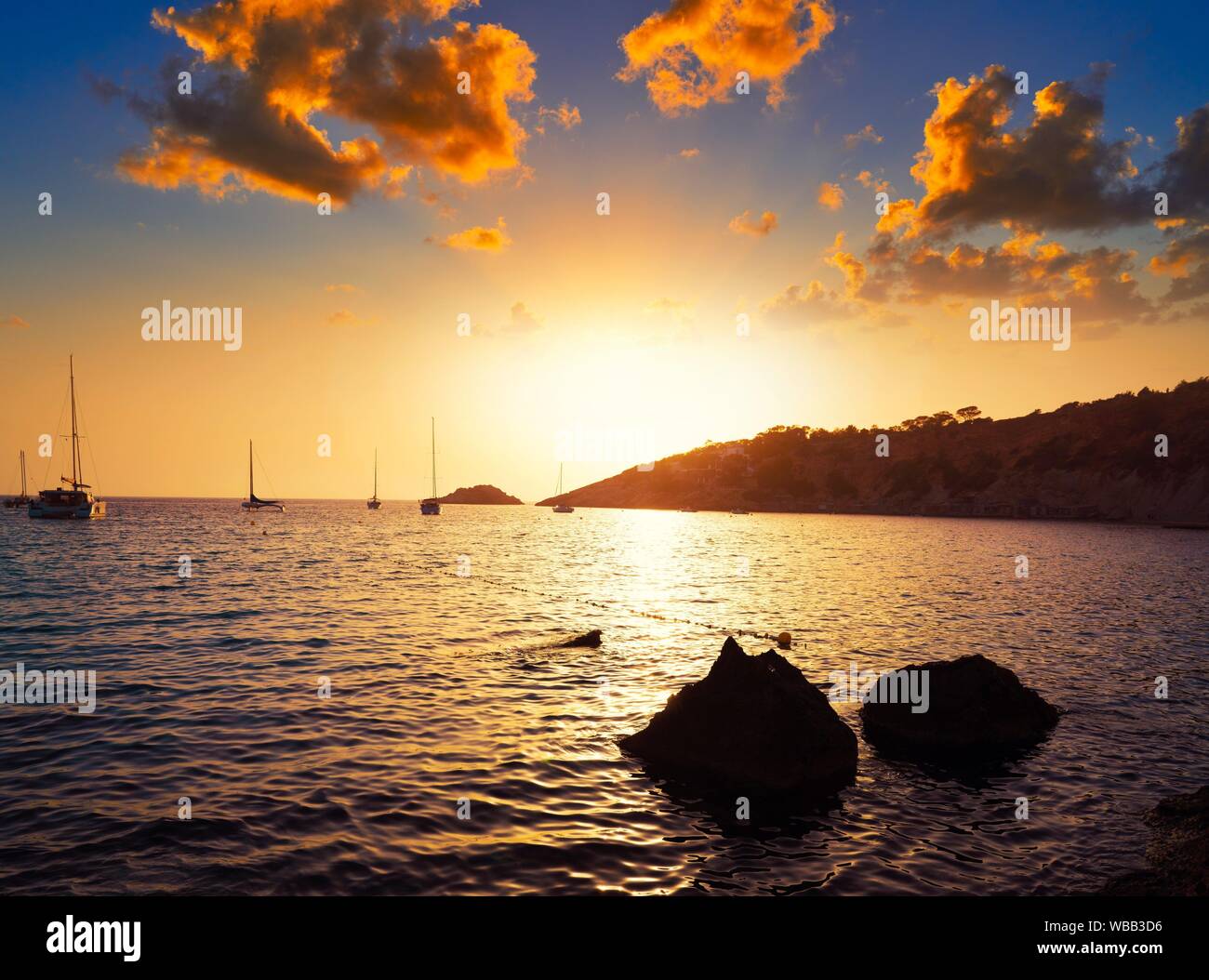 Ibiza cala d Hort with Es Vedra islet sunset in Sant Josep of Balearic Islands. Stock Photo