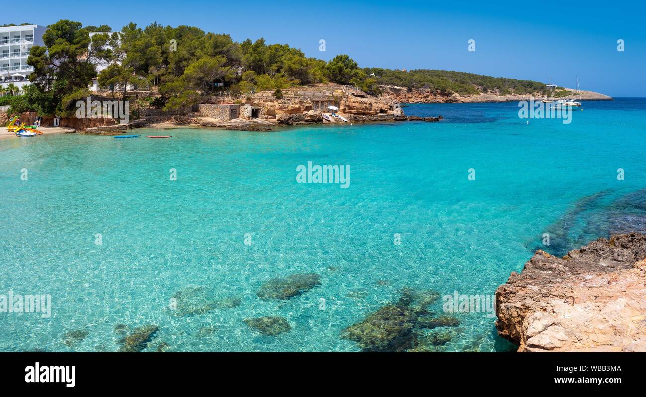 Ibiza Portinatx Arenal Petit beach in Balearic Islands of Spain. Stock Photo