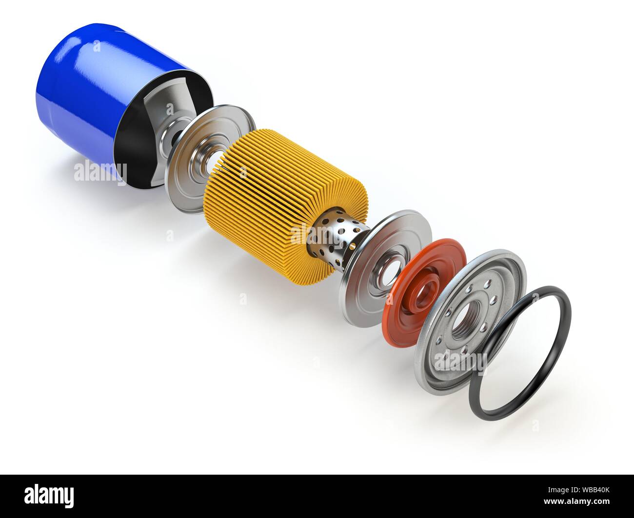 Car oil filter isolated on white. Exploded view. 3d illustration Stock