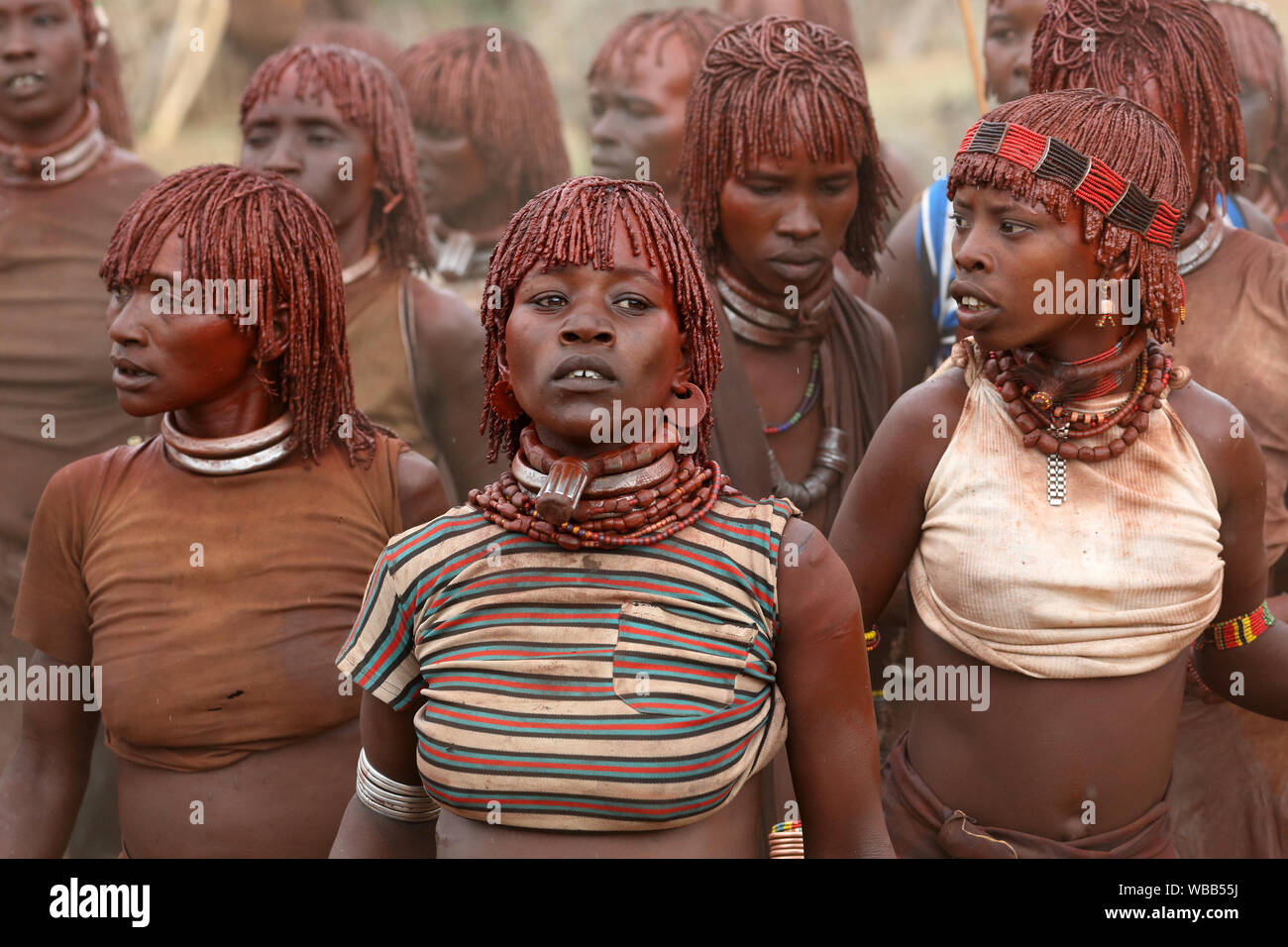 Hamer women at a bull jumping ceremony near Turmi, Lower Omo Valley, Ethiopia Stock Photo