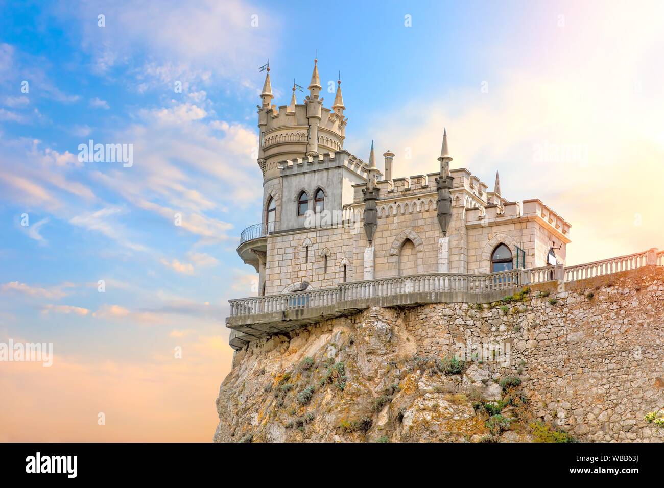 Beautiful view on the Swallow Nest Castle in the sky, Crimea, Ukraine. Stock Photo