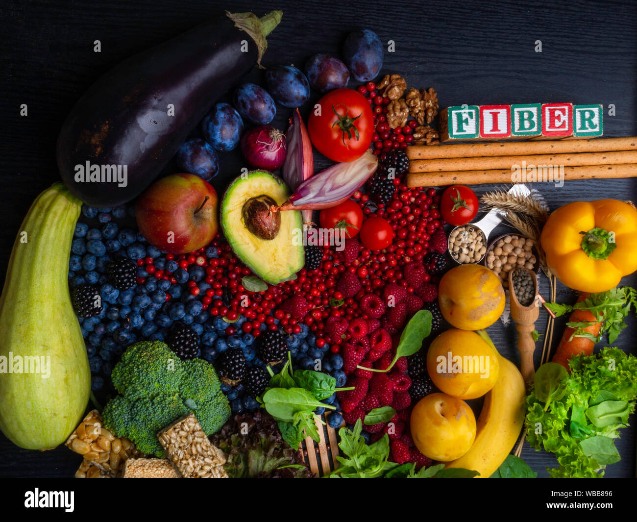 Foods rich in fiber as bread sticks, wheat, white beans, lentils