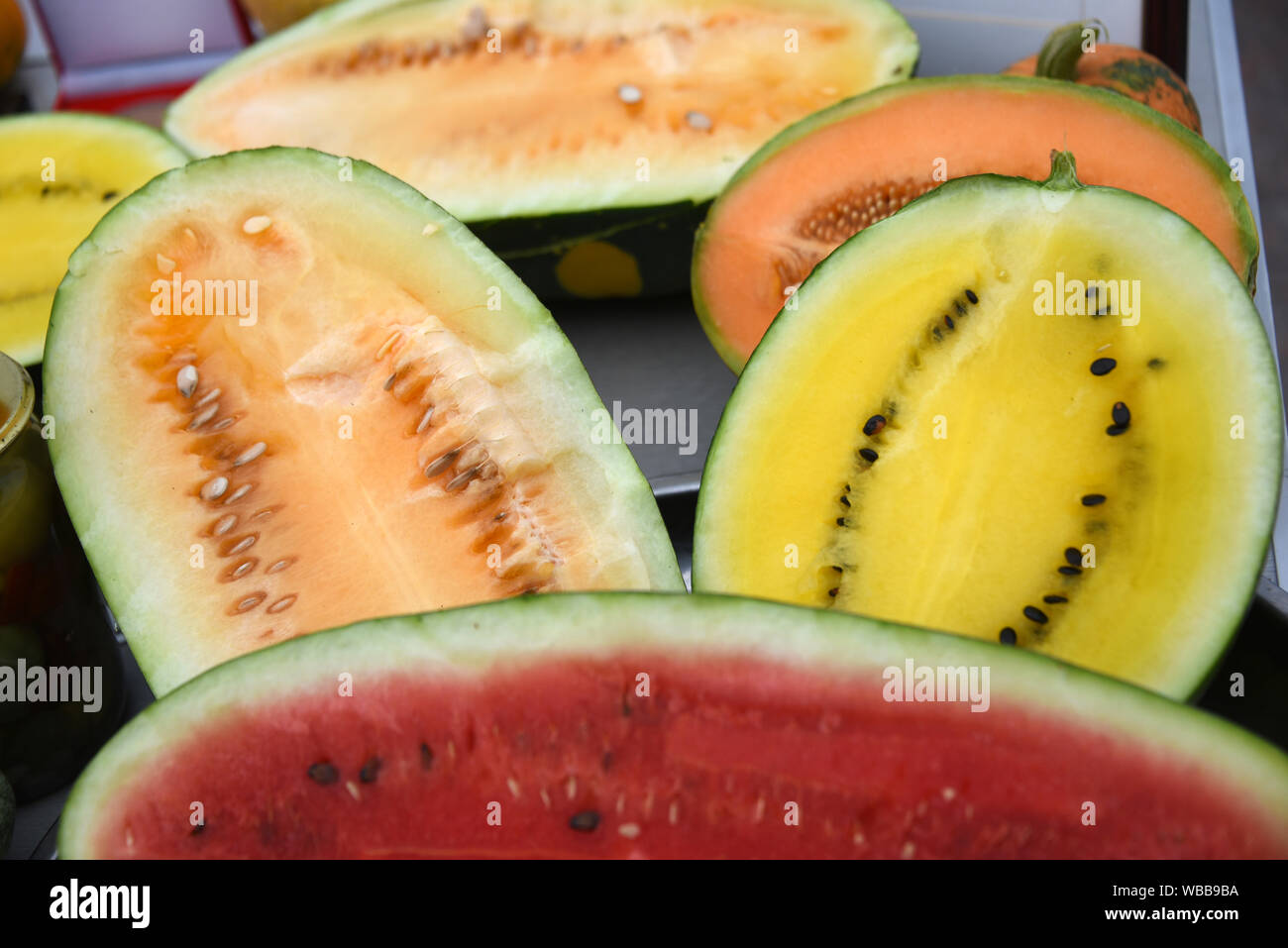 Multi-colored water-melons in Astrakhan, Russia Stock Photo