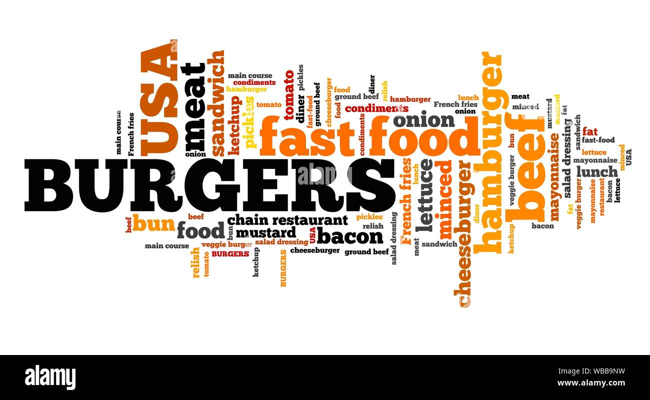 Burgers typical American fast food. Word cloud sign Stock Photo Alamy