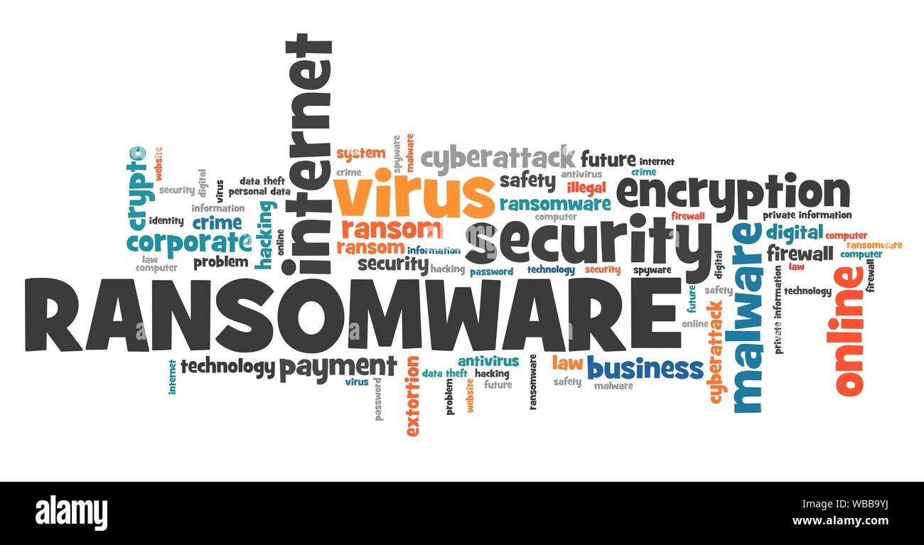 Ransomware virus - compromised computer security concept. Word cloud. Stock Photo