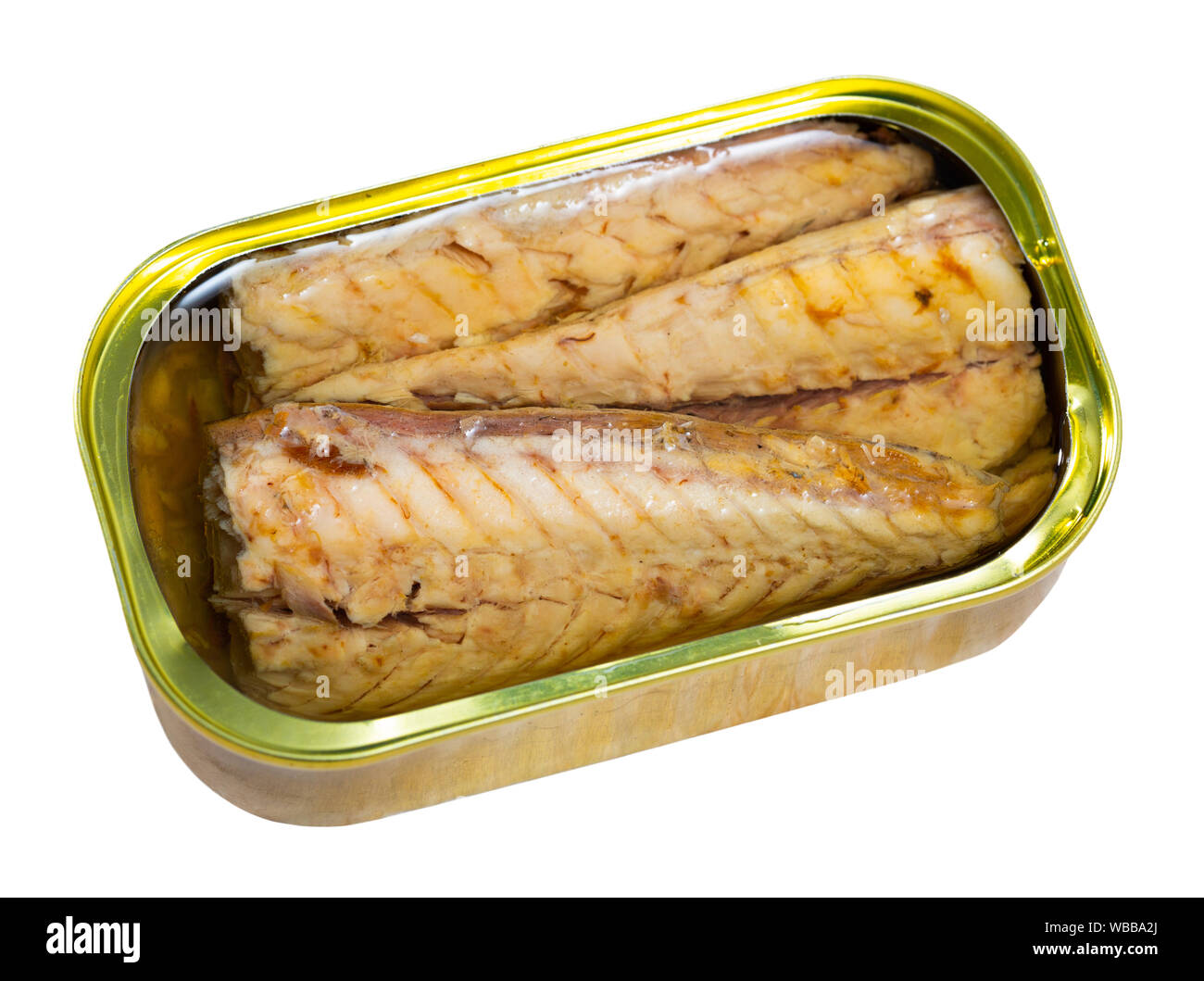 Open can of mackerel fillets preserves in sunflower oil. Isolated over
