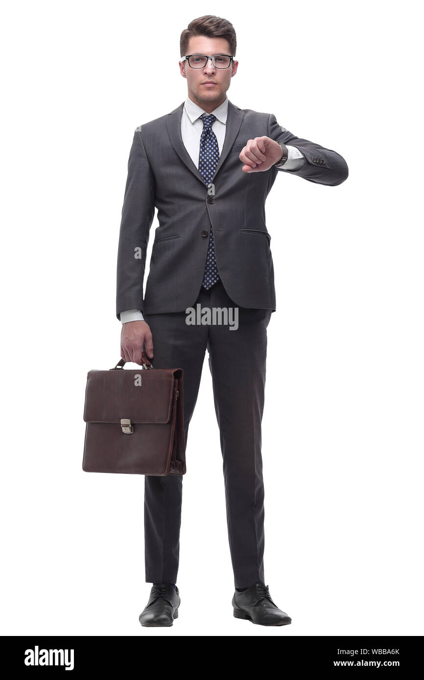 in full growth.Executive businessman looking at his wristwatch Stock Photo