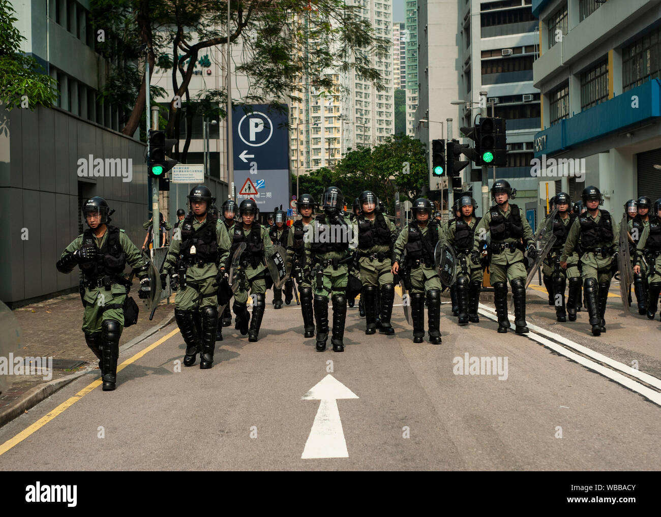 Hong Kong, China. 24th Aug, 2019. Riot police officers patrol the street following intense clashes in Kwun Tong.Mass demonstrations continues for one more weekend in Hong Kong which began in June 2019 over a now-suspended extradition bill to China. Credit: SOPA Images Limited/Alamy Live News Stock Photo