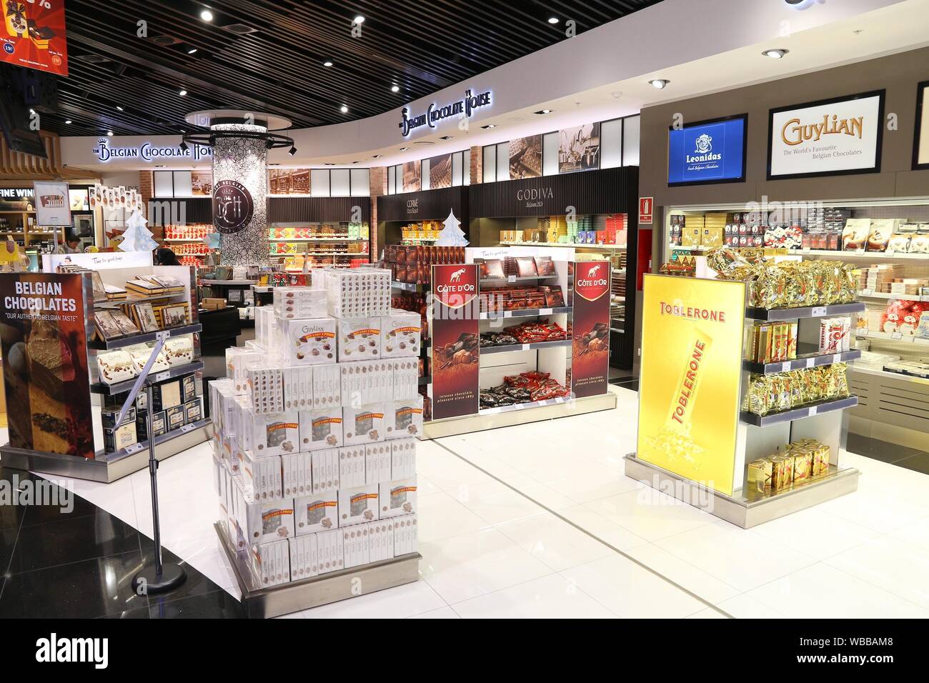 BRUSSELS, BELGIUM - NOVEMBER 20, 2016: Belgian chocolates at duty free shop  of Brussels Zaventem Airport in Belgium. The airport served 21.8 million p  Stock Photo - Alamy