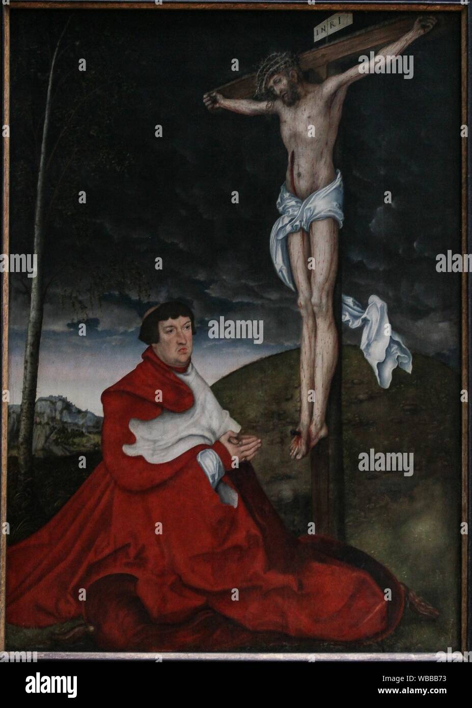 'Cardinal Albrecht of Brandenburg before Christ on the Cross', 1520, by Lucas Cranach, The Elder (1472-1553) Stock Photo
