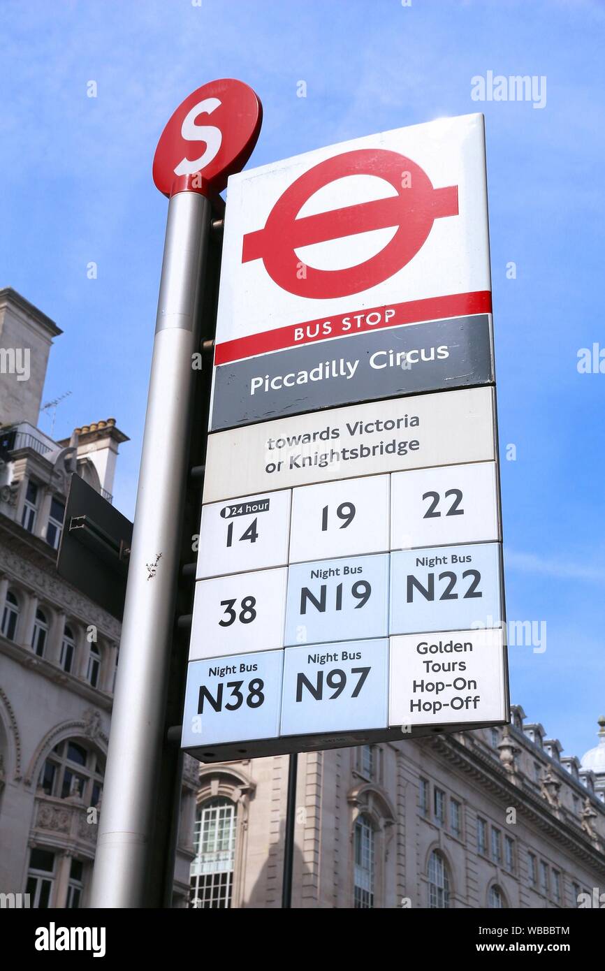 LONDON, UK - JULY 7, 2016: Bus stop sign in Piccadilly