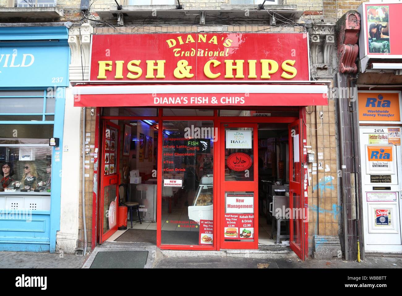 LONDON, UK - JULY 7, 2016: Diana's traditional fish and chips restaurant in London. Fish and chips is a famous British meal. Stock Photo