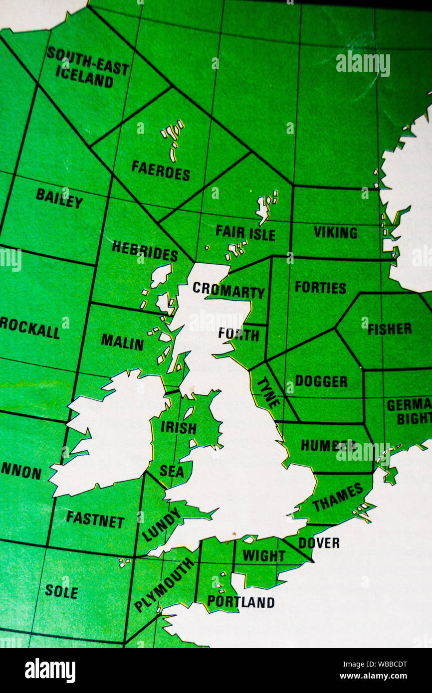 old shipping  weather forecast areas uk map. Stock Photo