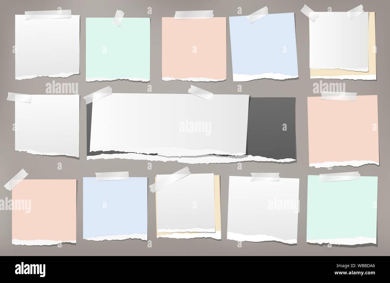 Set of torn white and colorful note, notebook strips, paper pieces ...