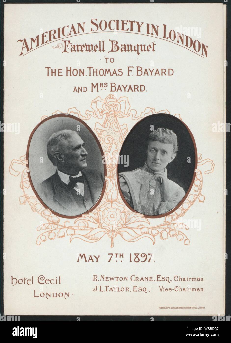 FAREWELL BANQUET TO HON. THOMAS F. BAYARD AND MRS. BAYARD [held by] AMERICAN SOCIETY IN LONDON [at] ''HOTEL CECIL, LONDON, ENGLAND'' (FOR;). Stock Photo