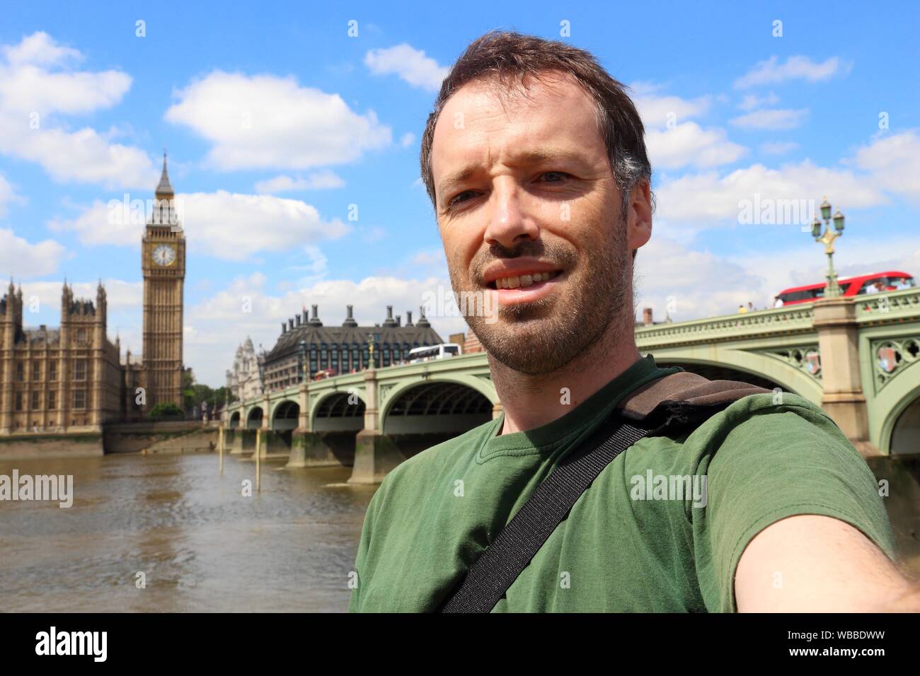 Tourist selfie with London parliament and Big Ben. Stock Photo