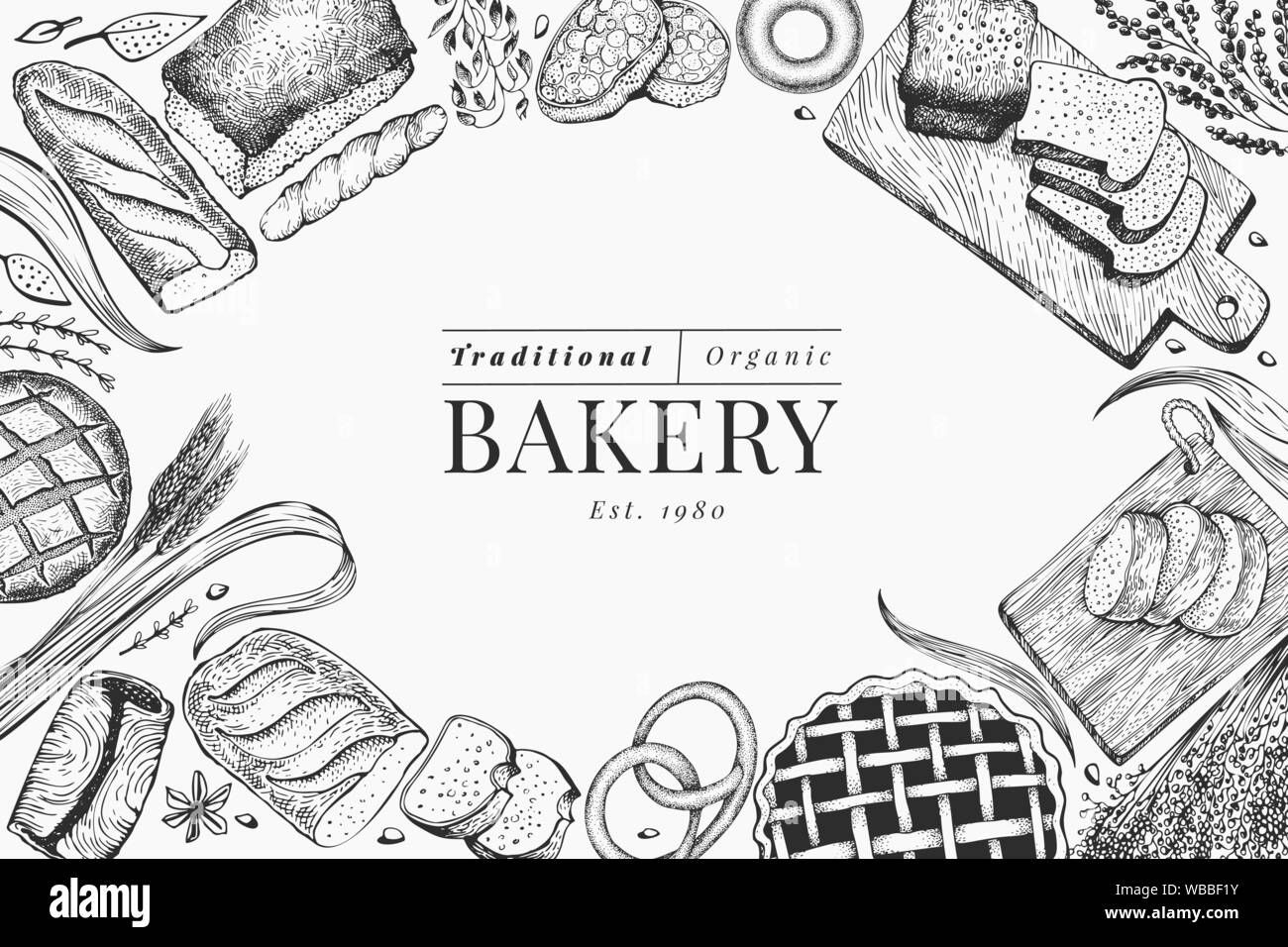 Bread and pastry banner. Vector bakery hand drawn illustration. Retro ...