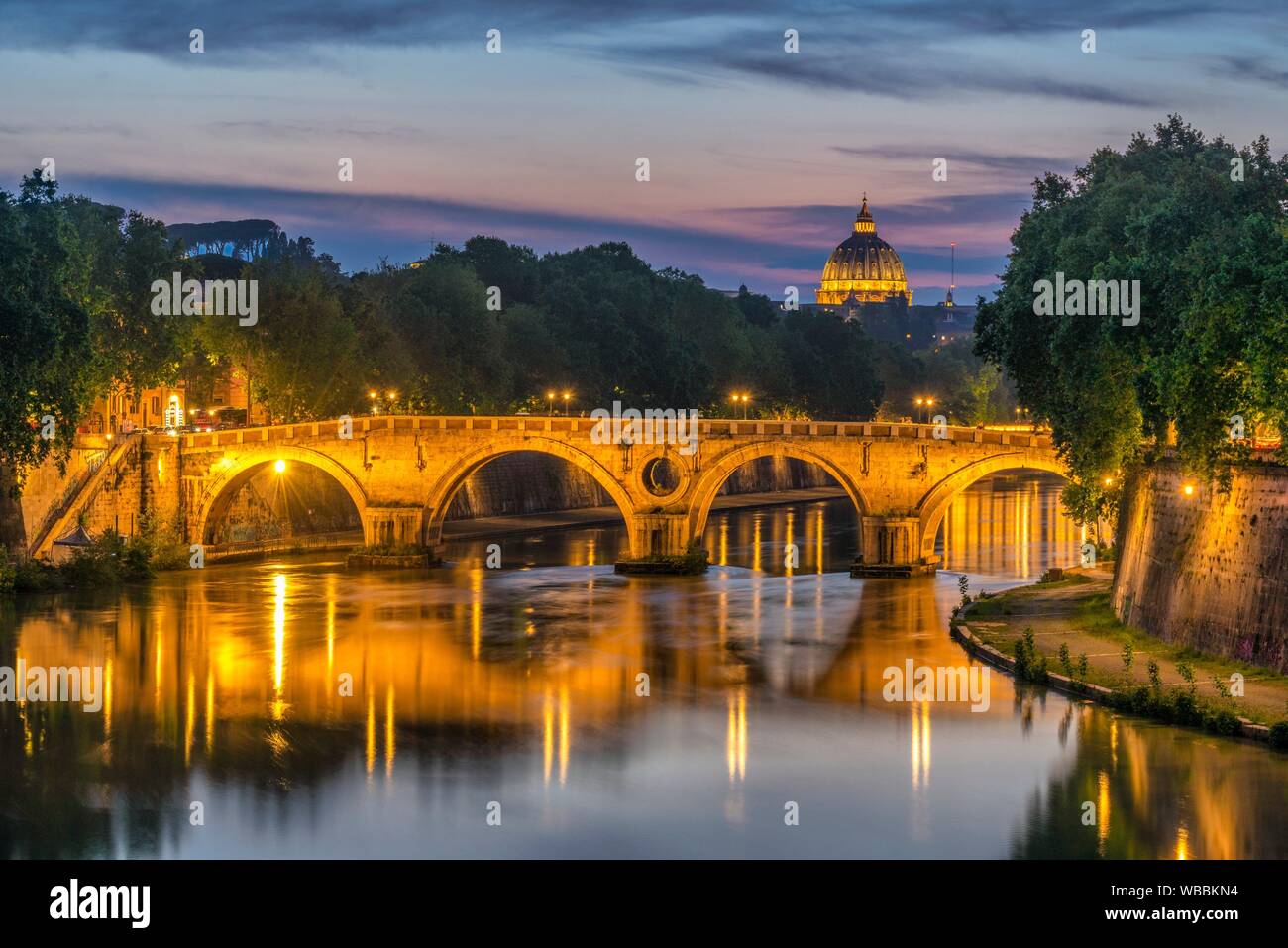 Ponte Sisto Bridge at Blue Hour Rome Italy World Location. Stock Photo
