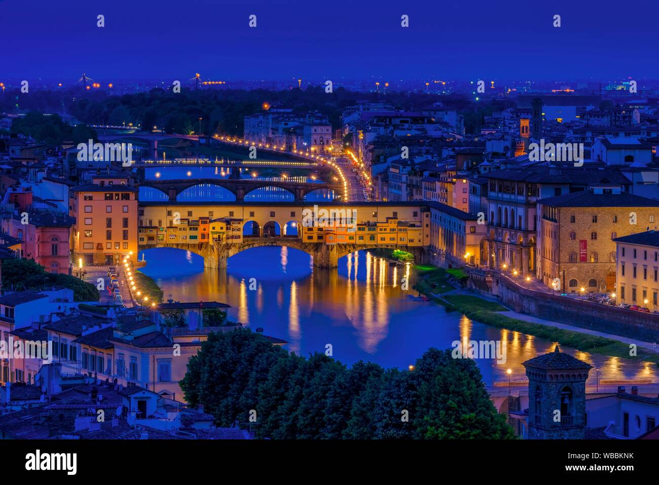 Pointe Vecchio Bridge at Blue Hour in Florence Italy Tuscany World Location. Stock Photo
