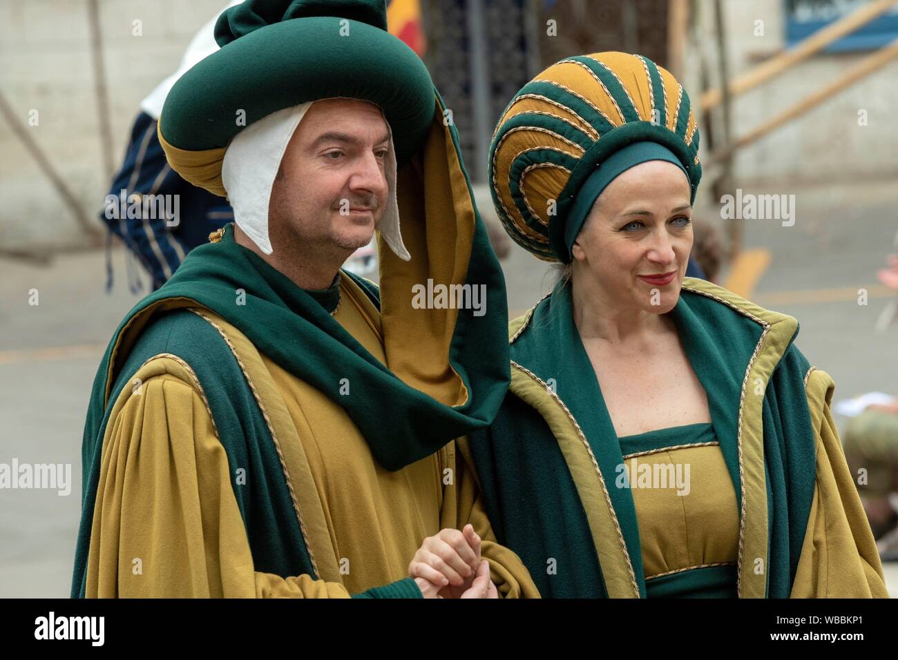 Couple of Performers in Calendimaggio Festival Pageant Assisi Umbria Italy World Location. Stock Photo
