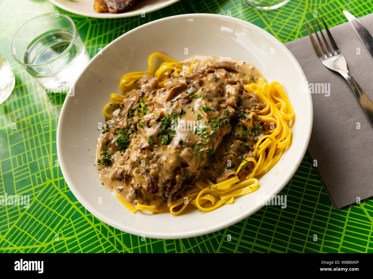 Traditional French fried pork ribs served with mushroom sauce and ...
