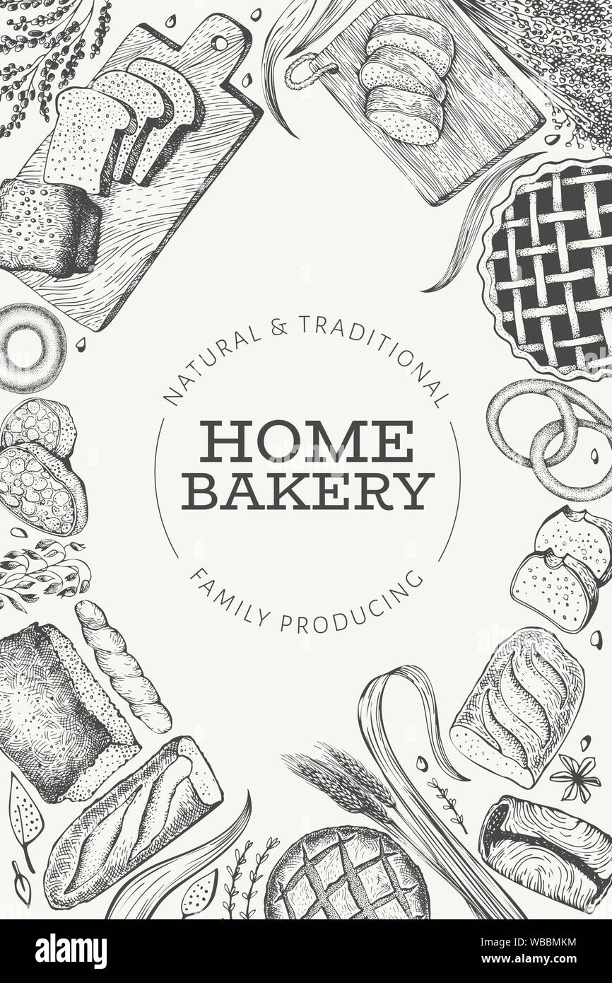 Bread and pastry banner. Vector bakery hand drawn illustration. Retro ...