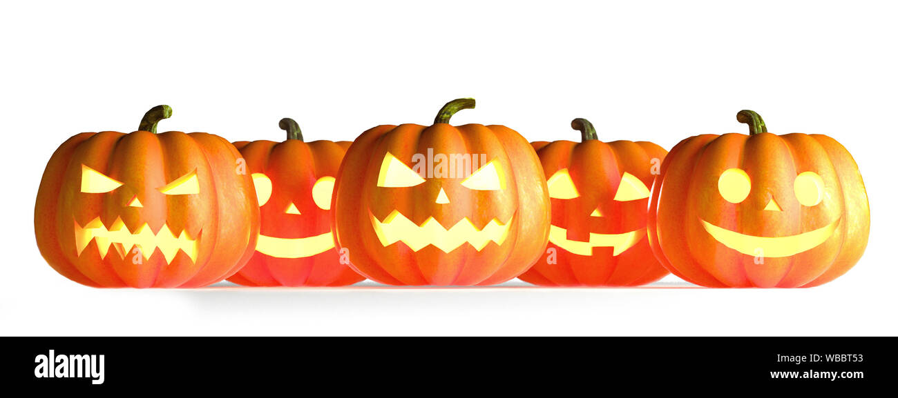 Many Halloween Pumpkins in a row isolated on white background. 3D Rendering illustration Stock Photo