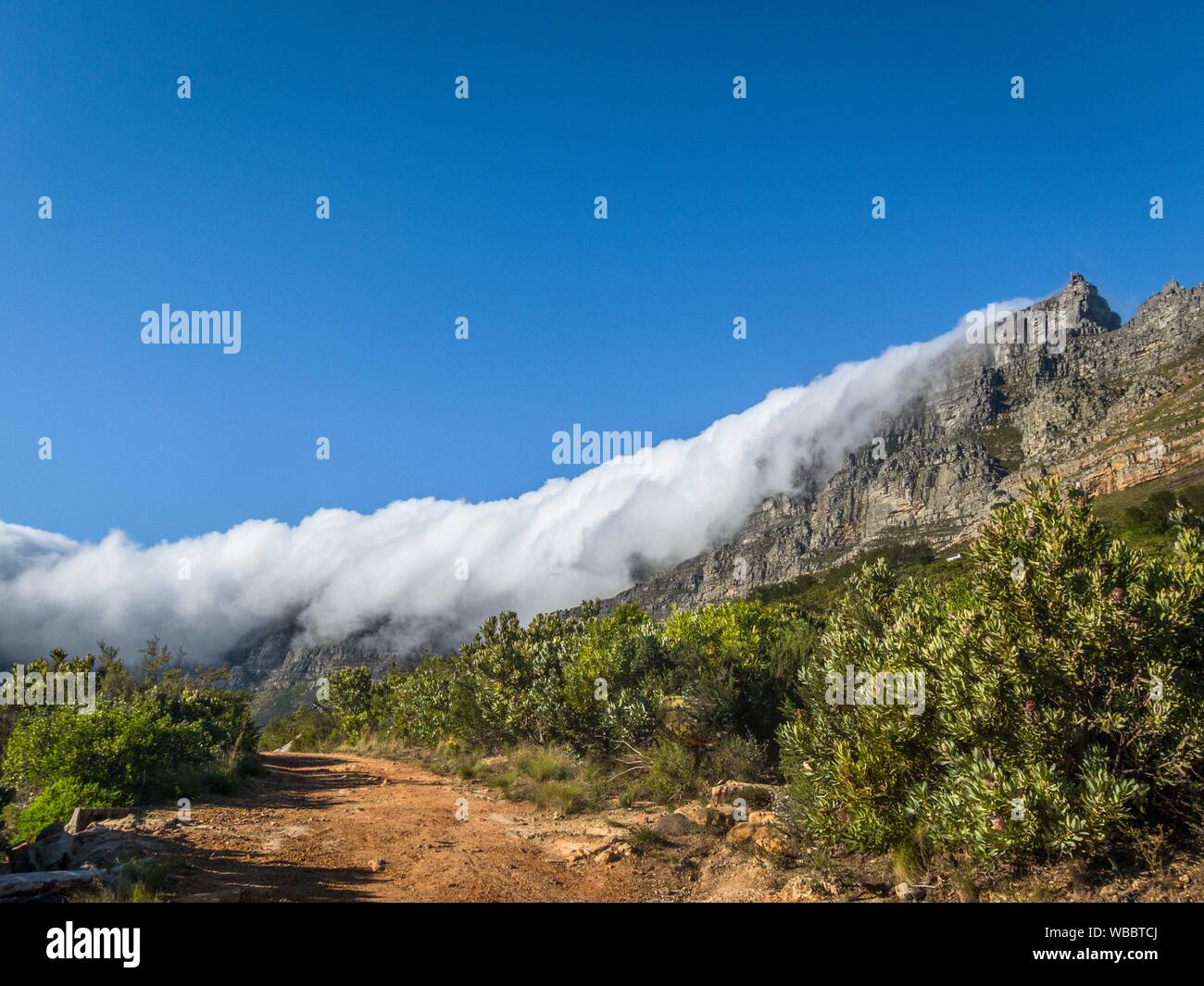 Table Mountain covered by by clouds during a strong South East wind. This is know as The Tablecloth that covers the table. Stock Photo