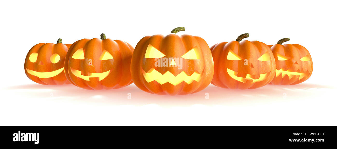 Five Halloween pumpkins head jack lantern isolated on white background. 3D Rendering illustration Stock Photo