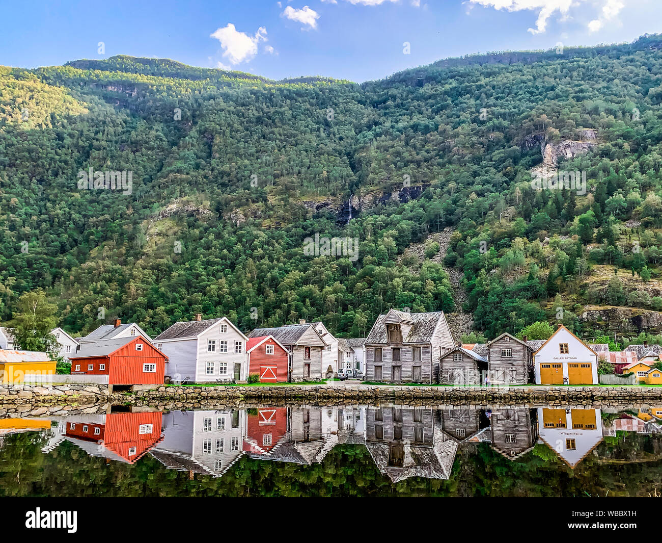 Lærdal, Norway. Aug 25 2019. Beautiful scenery at Lærdalsøyri Laerdal Old Town in the western fjord area in Norway during summer Stock Photo