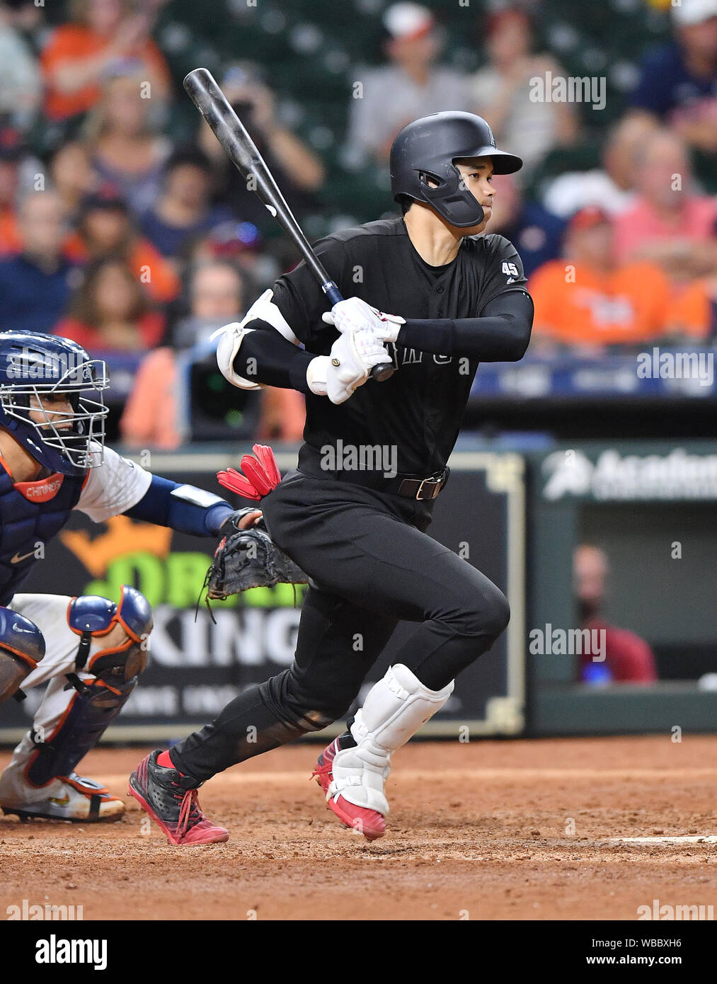 Shohei Ohtani of the Los Angeles Angels bats against the Houston Astros  during the Major League Baseball game at Minute Maid Park in Houston,  United States, August 24, 2019. MLB Players' Weekend