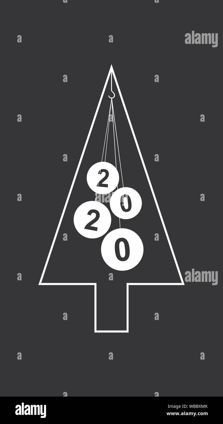 White outline of a Christmas tree with balls not on a dark background with numbers of the new year 2020. Stylish template in the style of minimalism. Stock Vector