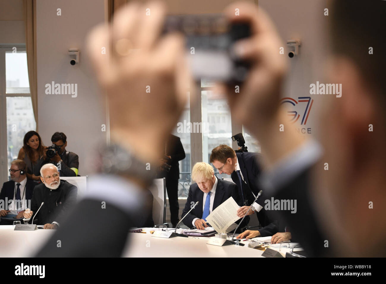 Prime Minister Boris Johnson during an extended working session on Climate, Biodiversity and Oceans as part of the G7 summit in Biarritz, France. Stock Photo