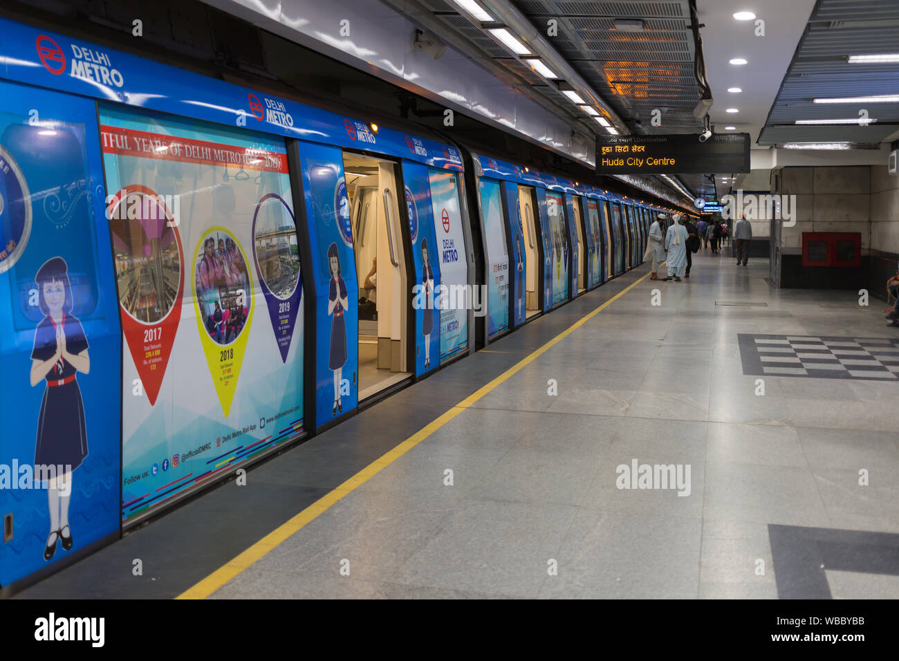 New Delhi, India - August 10, 2019: Delhi Metro train at station in New Delhi Stock Photo