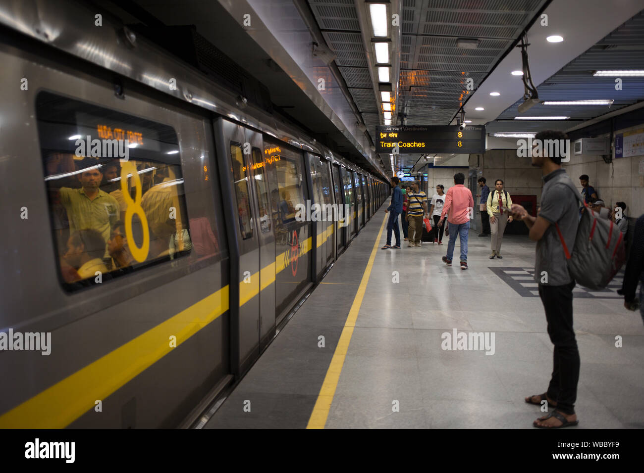 New Delhi, India - August 10, 2019: Delhi Metro train at station in New Delhi Stock Photo