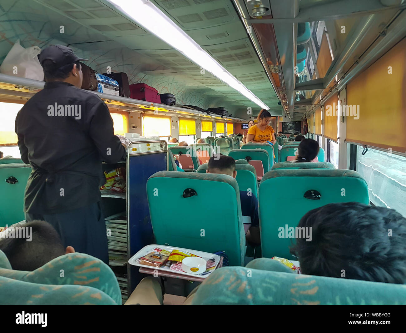 Agra, India - August 13, 2019: Food service from Indian Railways on Shatabdi Express train Stock Photo