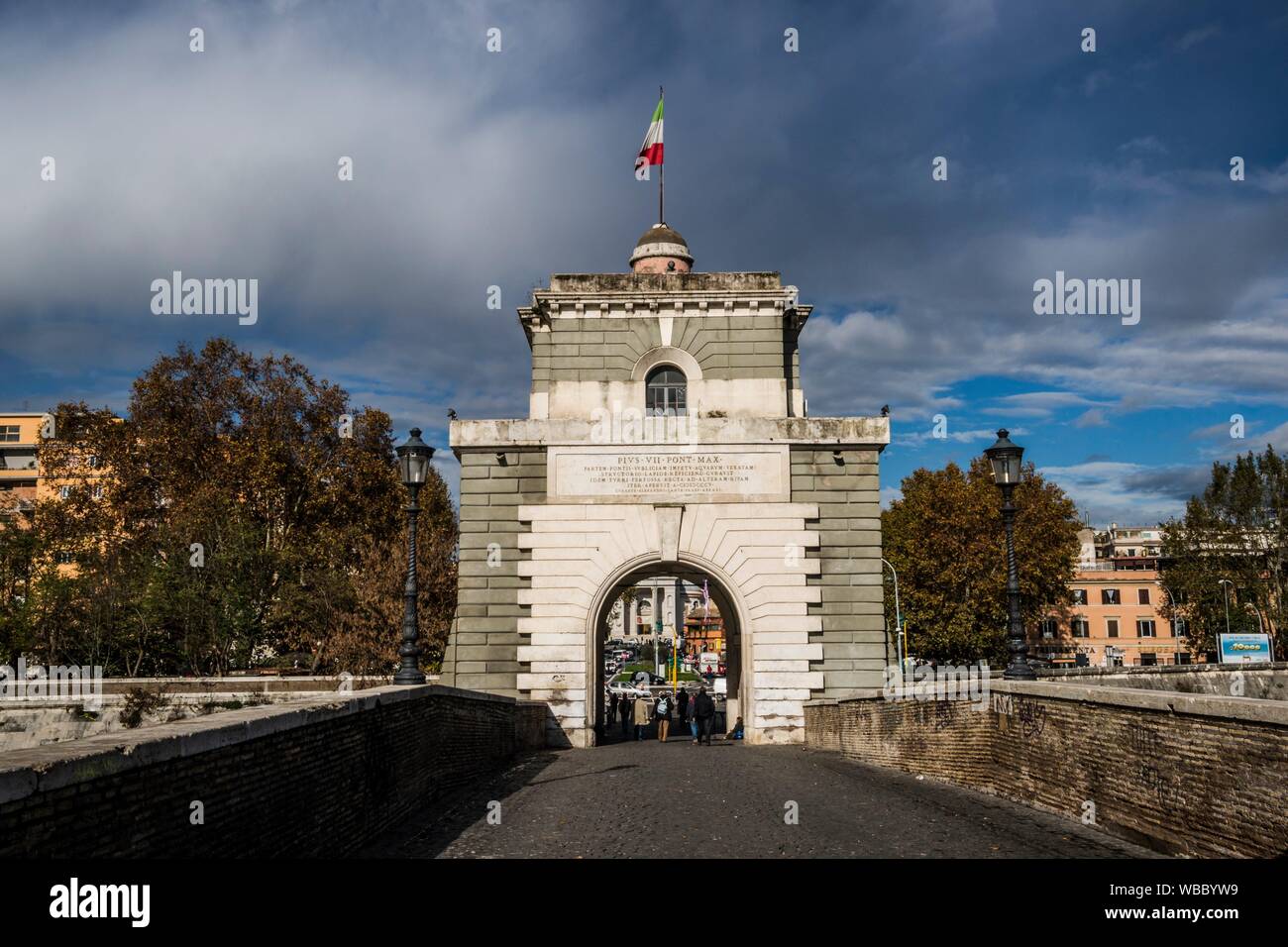 Tower arch on the Ponte Milvio (Milvian Bridge). Rome, Italy, Europe. Stock Photo