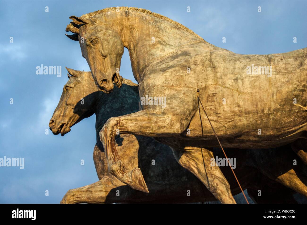 Detail of bronze horses drawing chariot. Statue of Goddess Victoria on