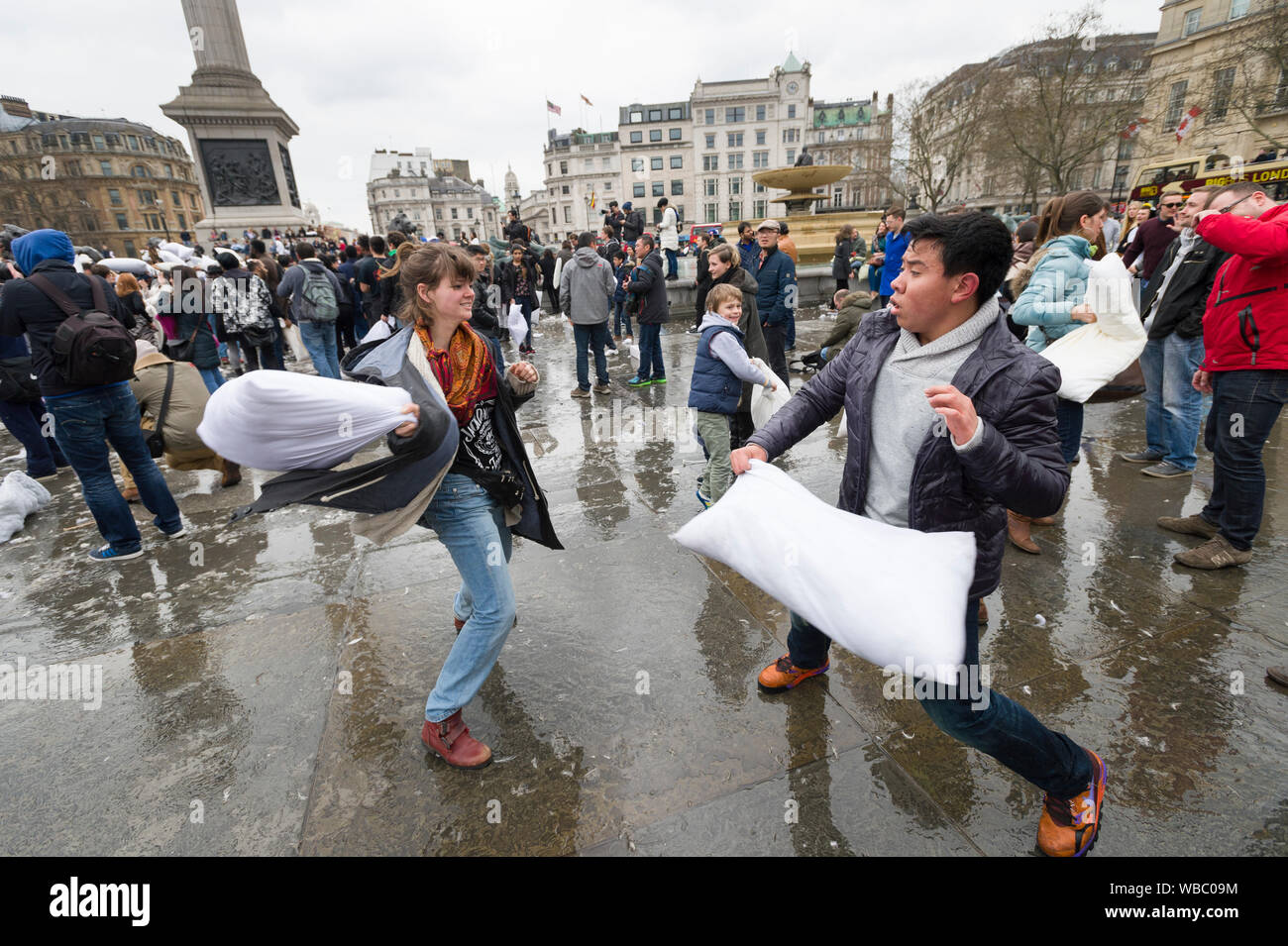 People Taking Part In International Pillow Fight Day Trafalgar