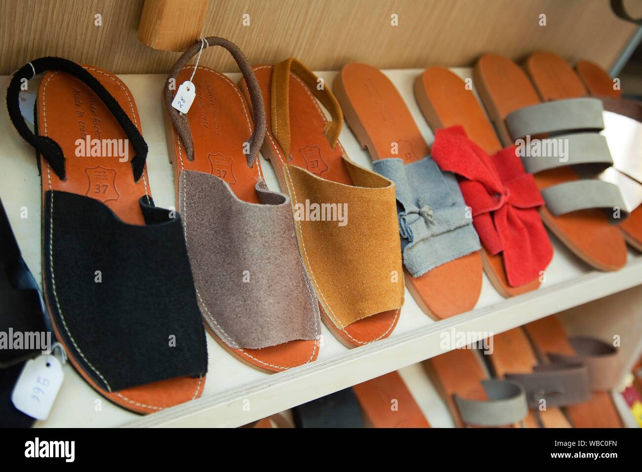 Sandals for sale at the shop, Rethymno, Crete, Greek Islands, Greece,  Europe Stock Photo - Alamy