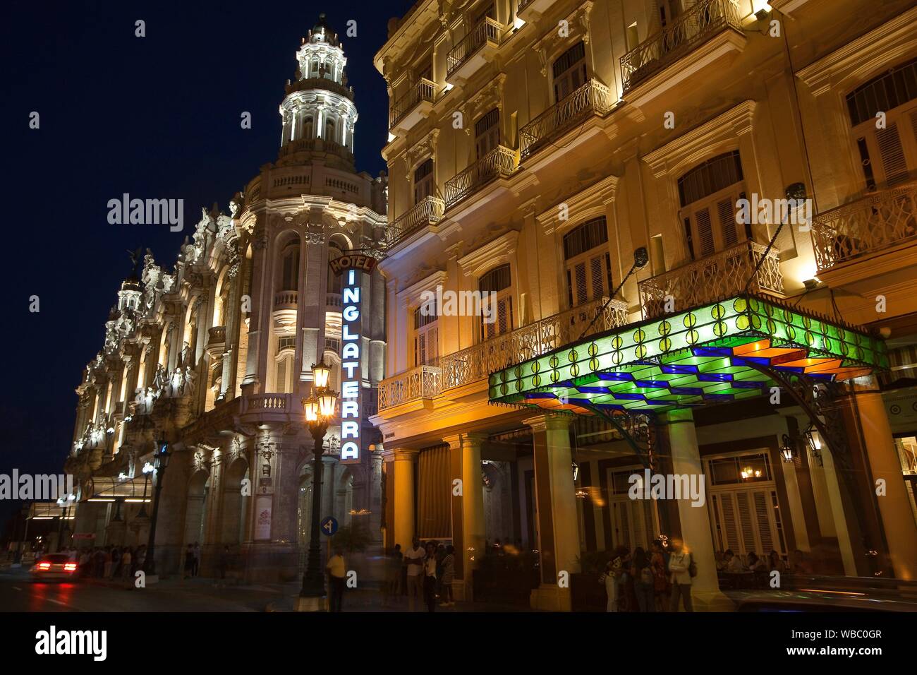 View to the Gran Teatro-Grand Theatre building and Hotel Inglaterra in Central Havana by night, La Habana, Cuba, West Indies, Central America Stock Photo