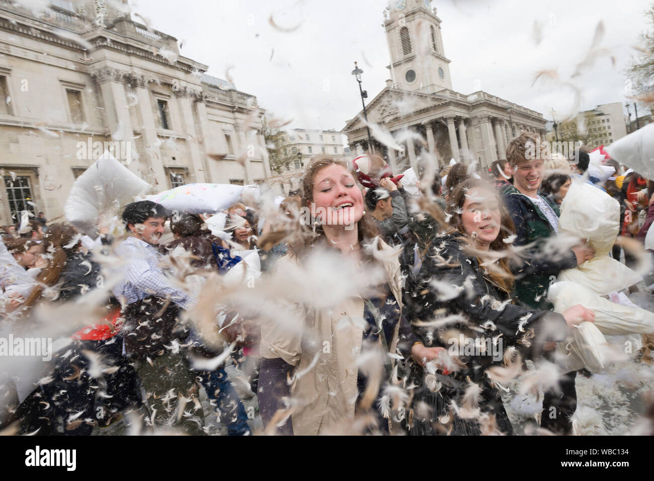 People Taking Part In International Pillow Fight Day Trafalgar
