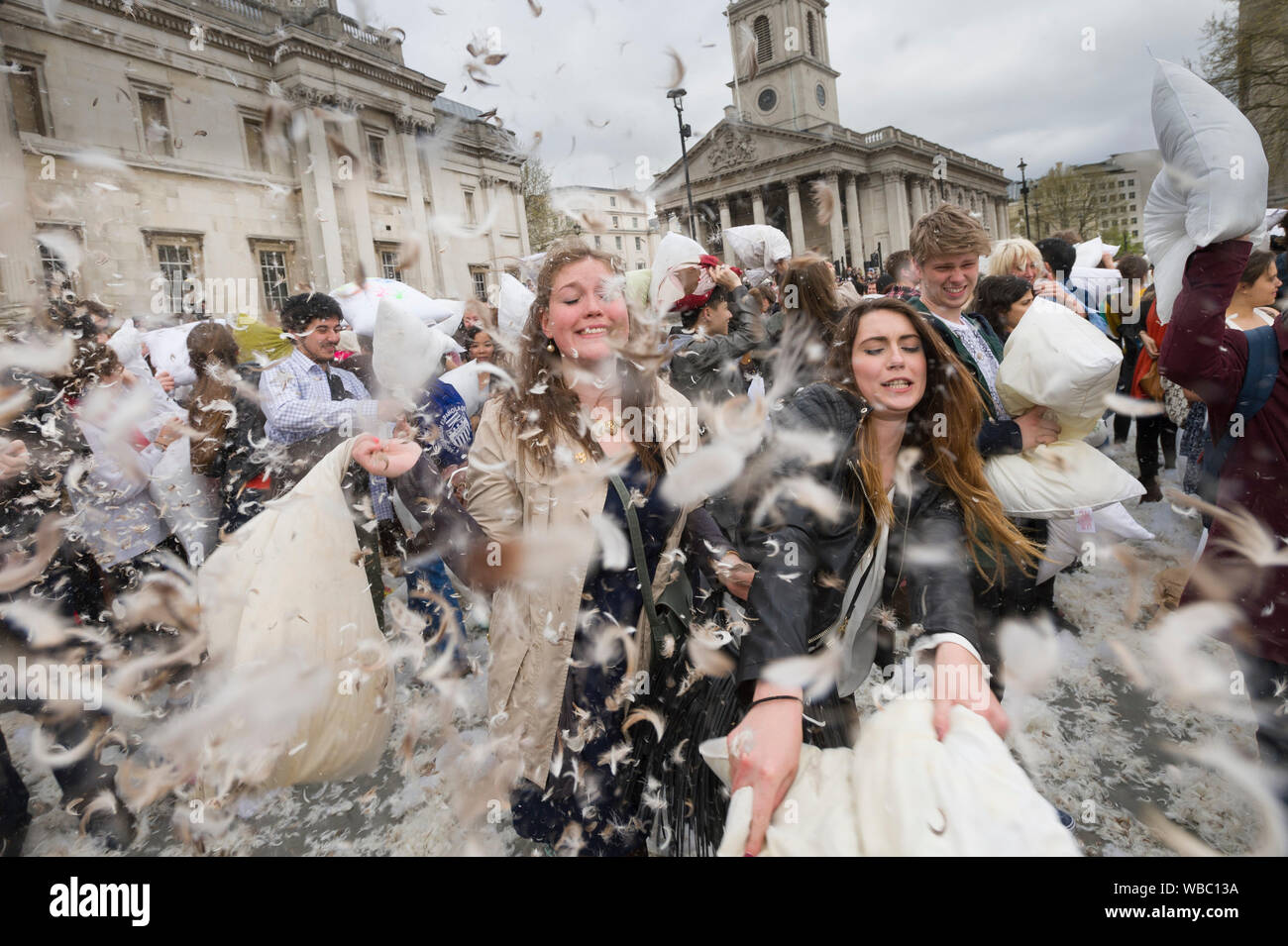 People Taking Part In International Pillow Fight Day Trafalgar